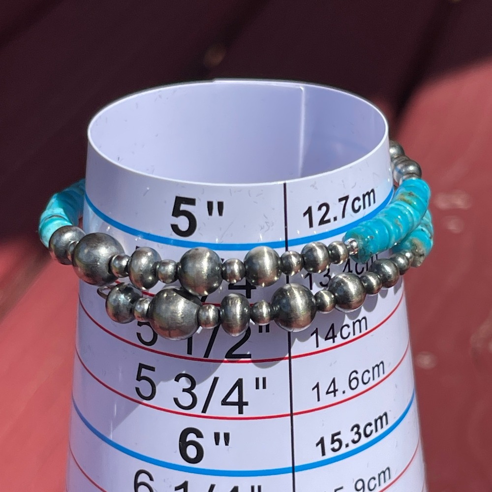 Navajo Made Turquoise and Sterling Silver Pearls Strung on Memory Wire 5-8" - Picture 6 of 7